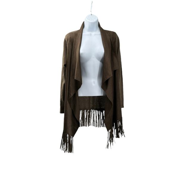 Muche et Muchette tan ultra suede soft knit fringes waterfall cardigan medium - Picture 4 of 6